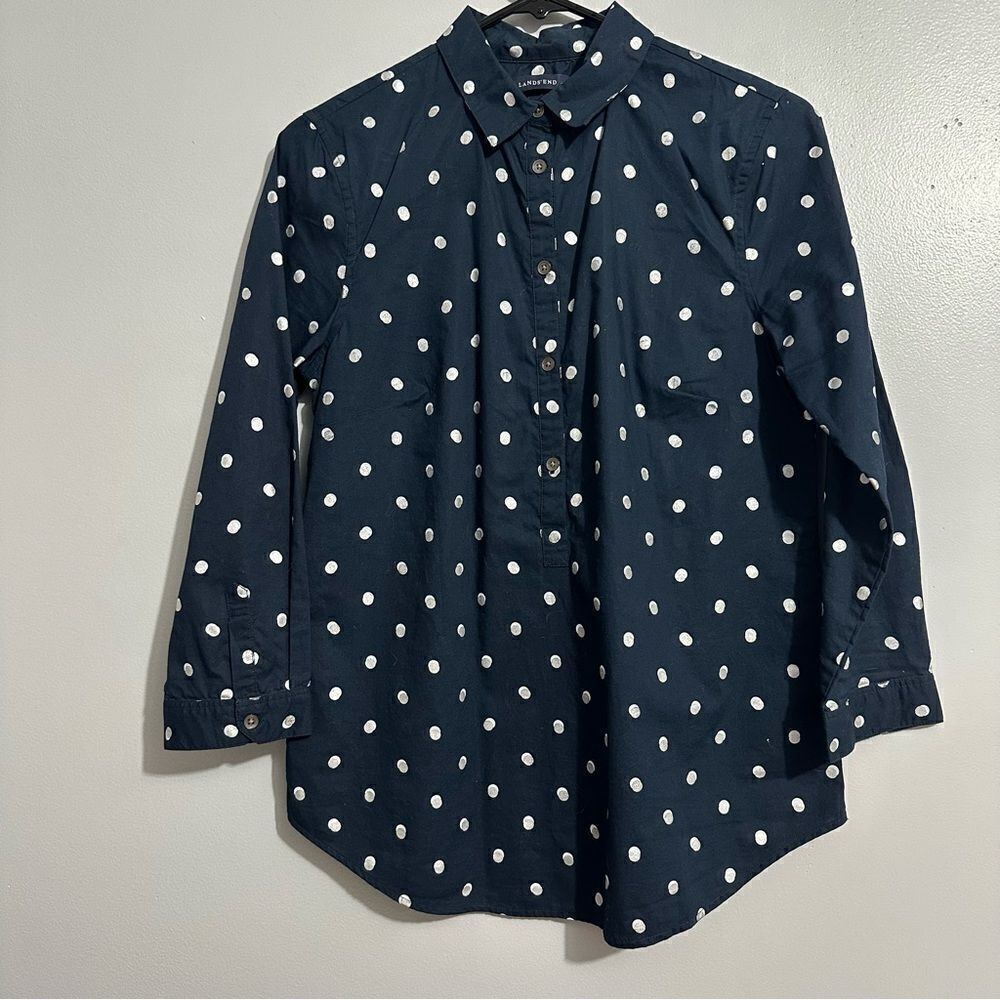 Lands End Blue & White/Silver Polka Dot 1/2 Button Down Shirt Size 4